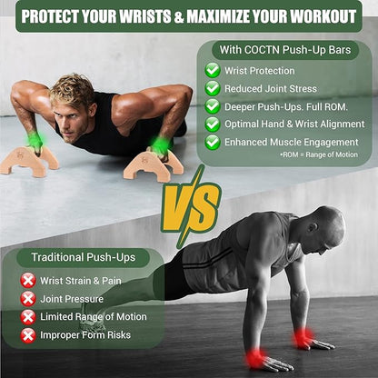 Wooden Push Up Bars, 2 PCS Solid Beech Wooden Parallettes with Embedded Non-slip Feet & Training Poster for Floor, Push Up Stands for Men Strength Training, Planks, Calisthenics & Home Gym Workout