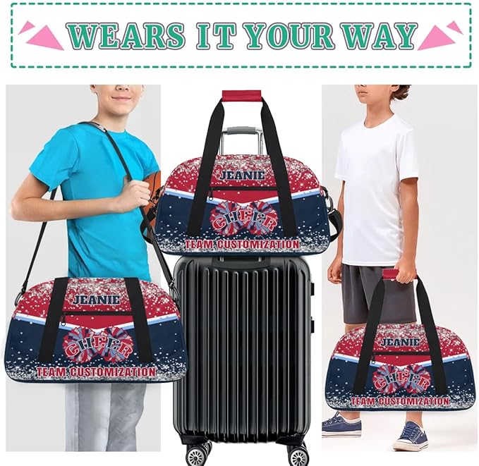 Personalized Cheer Gym Bags for Girls Kids Cheerleaders with Custom Name Sport Dance Perform Training Duffel Bags for Overnight Weekender Travel Red Blue