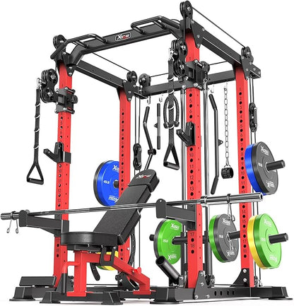 Multi-Purpose Squat Rack,Smith Machine Weight Rack Set with Cable Crossover System, Home Gym Power Racks, Power Racks and Packages