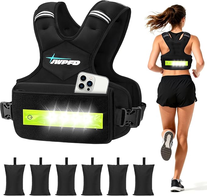 Adjustable Weighted Vest for Women Men, 6-15 Lbs/12-18 Lbs Rucking Vest with LED Light Strips, Weight Vest with 6 Ironsand Weights, and Zipper Pocket for Strength Training, Walking, Running