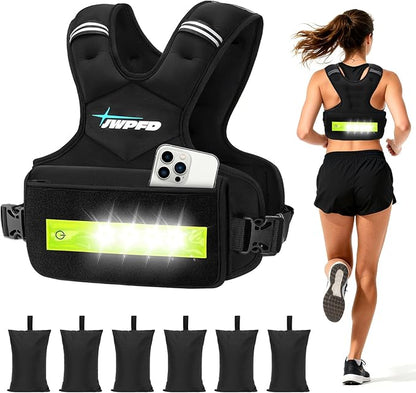 Adjustable Weighted Vest for Women Men, 6-15 Lbs/12-18 Lbs Rucking Vest with LED Light Strips, Weight Vest with 6 Ironsand Weights, and Zipper Pocket for Strength Training, Walking, Running