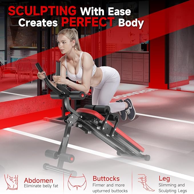 Bigzzia Ab Machine, 5-in-1 Adjustable Ab Workout Bench Core Abdomen Trainer for Stomach Workout, Crunch Machine Exercise Equipment for Home Gym - Sit UP, Push UP, Leg Press, Glider, Roman Chair, 330lbs Capacity