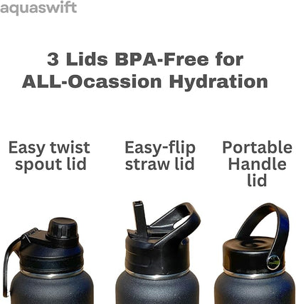 core - Sports Water Bottle - Gym & Outdoor Bottles, Double Wall, 40 oz, Black - Vacuum Insulated Stainless Steel - With 3 Lids, Straw, Spout and Handle Lid.