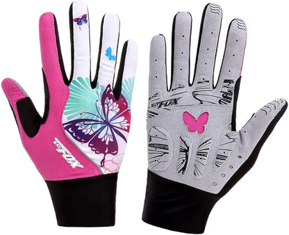 DuShow Bike Gloves for Women Cycling,Pink Floral Workout Gloves Women,Full Finger Biking Driving Riding Gloves for Women,Gel Padded Touch Screen Gym Gloves