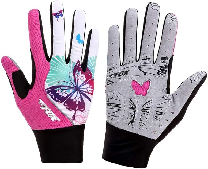 DuShow Bike Gloves for Women Cycling,Pink Floral Workout Gloves Women,Full Finger Biking Driving Riding Gloves for Women,Gel Padded Touch Screen Gym Gloves
