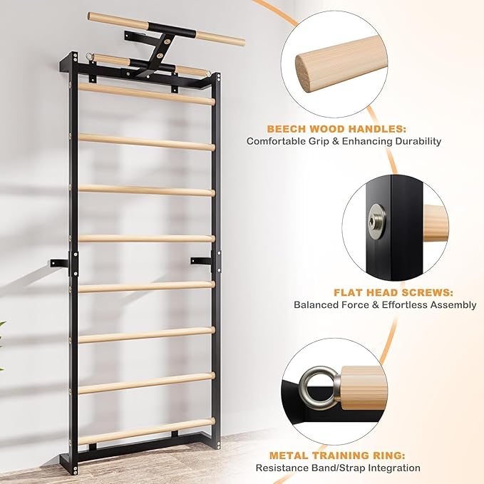 Swedish Ladder, Wood Stall Bars Suspension Trainer with Pull-Up Bar & Rings for Straps, Swedish ladders Wall Gym Adult, Wall-Mounted Workout Ladder for Home, Gym, School and Clinics
