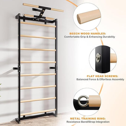Swedish Ladder, Wood Stall Bars Suspension Trainer with Pull-Up Bar & Rings for Straps, Swedish ladders Wall Gym Adult, Wall-Mounted Workout Ladder for Home, Gym, School and Clinics