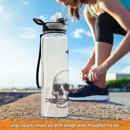 Fustylead Retro Skull and Black Crow 32 oz Water Bottle with Straw, Leakproof Clear Sport Bottles for Women Men Outdoor Sport Drinking