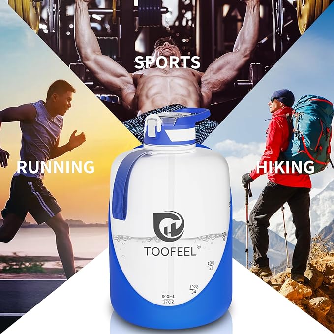 TOOFEEL 1 gallon water bottle - 128 oz water bottle with Straw & Chug Lid - BPA Free Big Water Bottle with Handle - Gym Water Bottle - Deep Blue and White