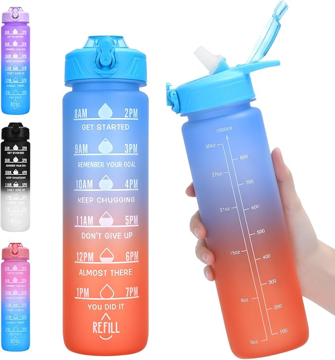 Water Bottle with Straw, 32oz Motivational Water Bottles with Time Marker, LeakProof Tritan BPA Free,Sports Water Bottle with Handle for Women Man Gym Fitness Outdoor (Blue)