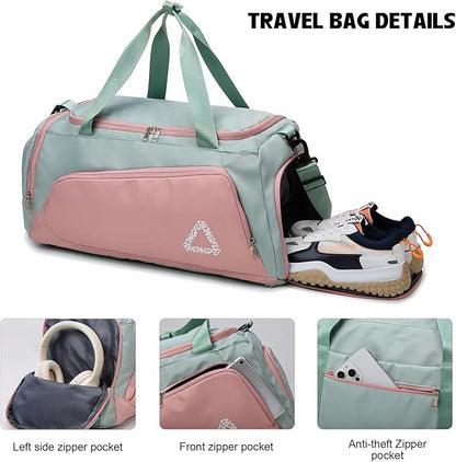 Eslcorri Gym Duffle Bag for Women Men, Sports Backpack with Wet & Shoe Compartment, Fitness Overnight Weekender Bag for Yoga, Swim, Travel (C, Pink)