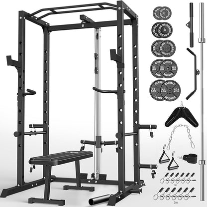 Power Cage, Multi-Functional Power Rack with J-Hooks, Dip Handles, Landmine Attachment and Optional Cable Pulley System for Home Gym