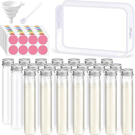33 Pcs Protein Powder Travel Container Set 21 Pcs 90ml Reusable Powder Supplement Plastic Tubes and Portable Travel Organizer Zip Up Bags Funnels Spoons and Labels for Workout, Fitness
