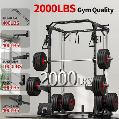 JEEKEE Power Cage with Cable Crossover System, 2000LB Multi-Function Power Rack with Independent Dual Pulleys, LAT Pulldown Seat Cushion, 20+ Attachments Squat Rack for Home Gym Workout