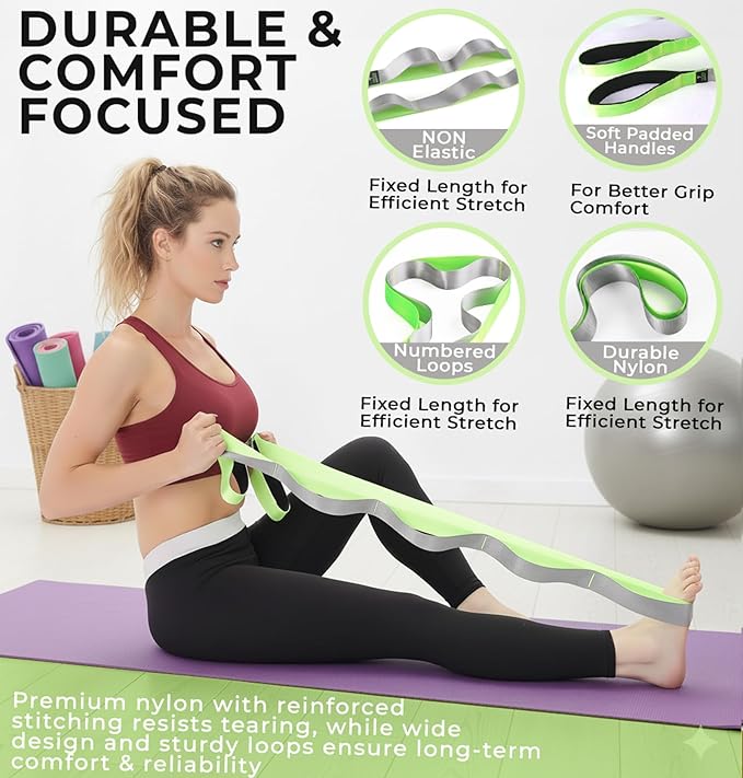 TAVIEW Yoga Strap for Stretching – Stretch Band with 12 Loops –Multi-Grip Pilates Hamstring Stretcher Belt – Physical Therapy Equipment for Best Flexibility