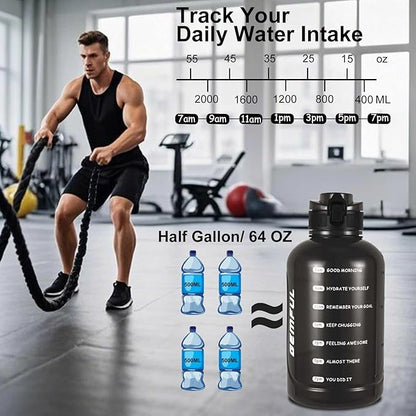 GEMFUL Water Bottle 2L with Time Marker & Handle 64oz Large Motivational Jug for Gym Workouts No Straw Leak Proof BPA Free (Black)
