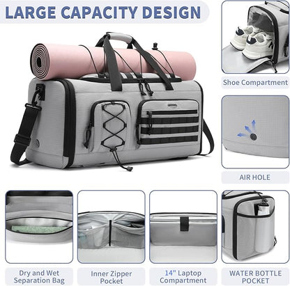 Bosstin Gym Bag for Men & Women,45L Travel Duffle Sports Duffel Bag Gym Weekender Overnight Backpack with Shoe Compartment (GREY CHECKERED)