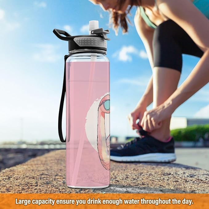 Fustylead Pink Flamingo Wearing Sunglasses 32 oz BPA-Free Water Bottle with Straw, Leak-Proof Sport Bottle for Fitness, Gym, Camping, Outdoor Sports
