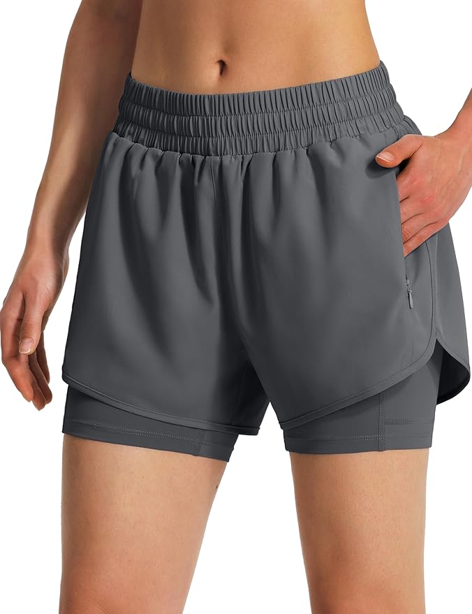 Ksmien Women's 2 in 1 Running Shorts Quick Dry Athletic Gym Workout Shorts with Liner Phone Pockets