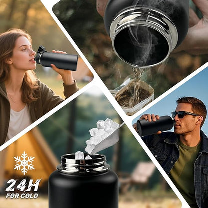 32 oz Insulated Water Bottle with Sleeve - Stainless Steel Metal Military Black Water Jug, Gym Water Bottles for Men Sports Workout Hiking with Ocean Camo Water Bottle Pouch