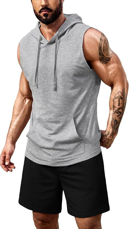 COOFANDY Mens Sleeveless Workout Hoodie Shorts Set 2 Piece Outfits Hooded Tank Tops Gym Tracksuit Sweatsuits