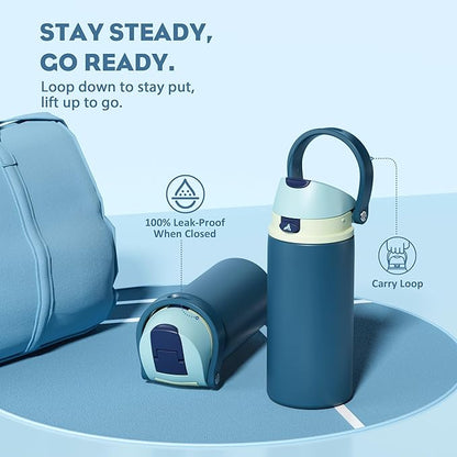 POWCAN 18 oz Insulated Stainless Steel Water Bottle: 2-in-1 Push-Button Spout & Quick-Flip Straw, Leakproof, Cold 24 Hrs, Fits Car Cup Holder, Reusable Metal Bottle for Sports(Denim Blue)