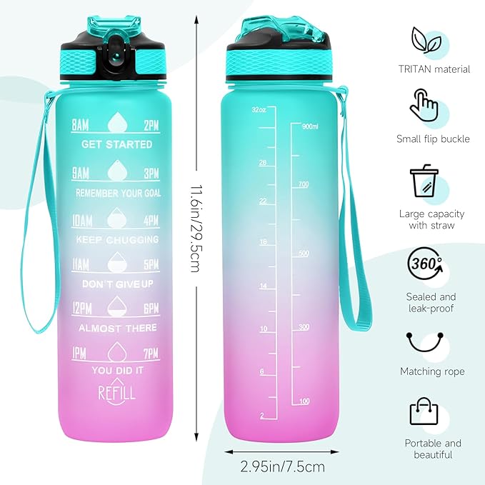 32 oz Motivational Water Bottle with Time Marker,Water Bottles with Times to Drink and Straw with Carrying Strap,Perfect For Fitness Gym Outdoor,BPA Free (Green & Purple Gradient)
