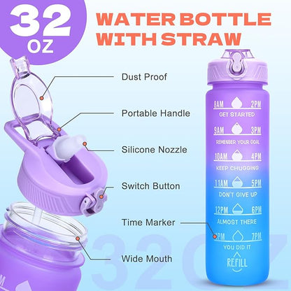 Water Bottle with Straw, 32oz Motivational Water Bottles with Time Marker, LeakProof Tritan BPA Free,Sports Water Bottle with Handle for Women Man Gym Fitness Outdoor (Black)