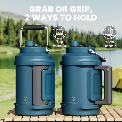 1 Gallon Insulated Water Bottle for Sports: Meoky 128 oz Triple Wall Vacuum Stainless Steel Water Jug - Top and Side Handles, Cold for 48 Hrs, 2-in-1 Straw and Spout Lid, Leak Proof for Hiking (Denim)