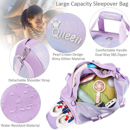 Dance Duffle Bag for Girls Shiny Glitter Sports Gym Bag for Girls Weekender Overnight Sleepover Travel Duffel with Shoes Compartment