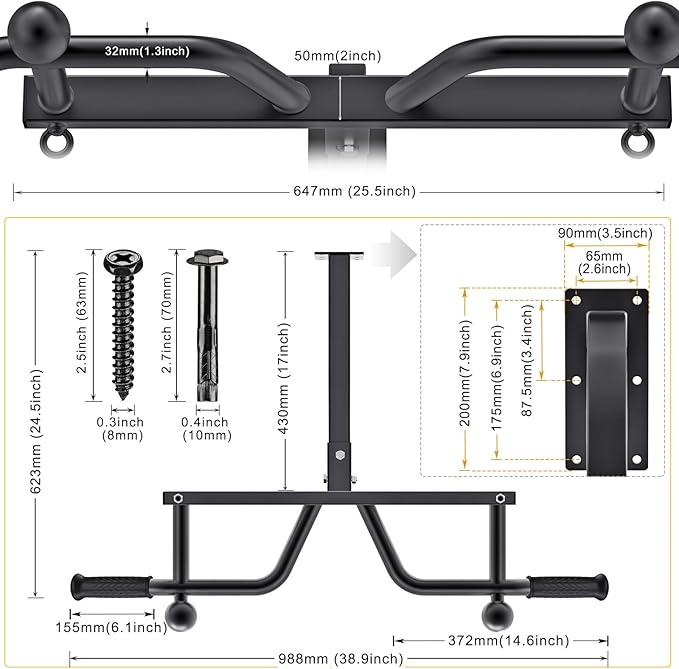 Kipika 48" Ceiling Mounted Pull Up Bar, Heavy Duty Multi-Grip Chin Up Bar,Mounted Pullup Bar, Adjustable Height, Pull Up Bands for Chin Ups & Body Stretching, Ideal for Home Gym and Strength Training