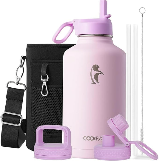 Coolflask Half Gallon Water Bottle Insulated with Straw & 3 Lids, 64 oz Water Jug Large Metal Stainless Steel Wide Mouth for Sports, Gym or Office, Non-BPA Keep Cold 48H Hot 24H, Pink