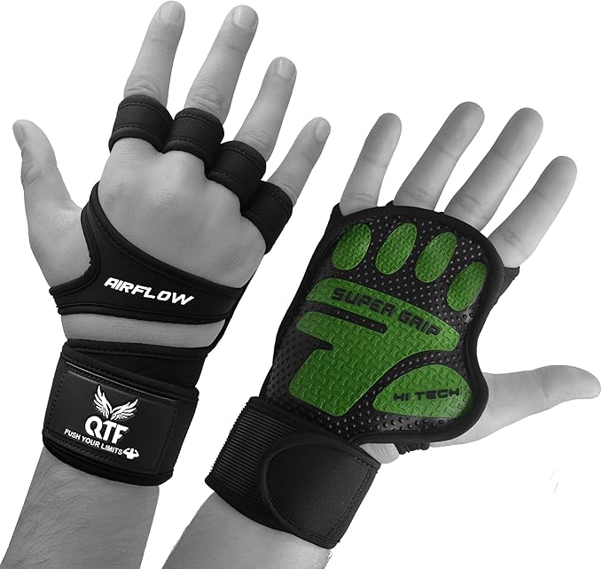 QTF Ventilated Weight Lifting Gloves for Men & Women Workout Gym Fitness Extra Grip with Wrist Support Wrap Cross fit Pull-ups Barbell Training Sports