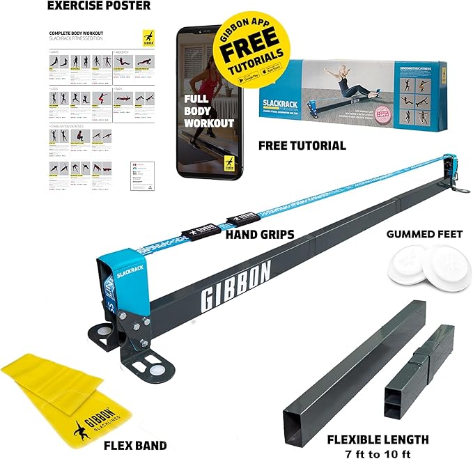 GIBBON Slackrack - Freestanding Outdoor or Indoor Slackline - Slack Line for Kids & Adults - Balance Trainer - Setup in 7ft or 10ft