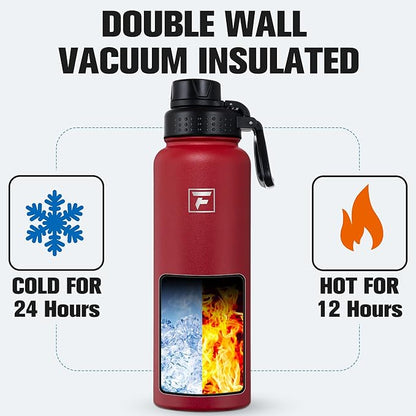 Fanhaw 40 oz Insulated Water Bottle – Stainless Steel Flask with 3 Lids (Straw, Spout, Carabiner) | Durable, Leakproof, for Hiking, Camping, Outdoor Adventures & Travel (Red)