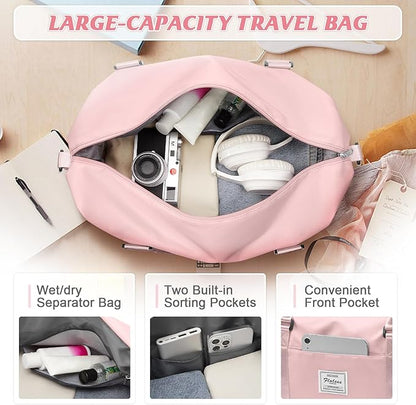 Womens travel bags, weekender carry on for women, sports Gym Bag, workout duffel bag, overnight shoulder Bag fit 15.6 inch Laptop Pink Large