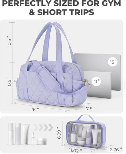 Percover Women Gym Bag with Toiletry Organizer Pouch, Quilted Workout Duffle with Compartments for Daily Fitness & Yoga, Locker-Friendly Soft Carry, Lavender Purple