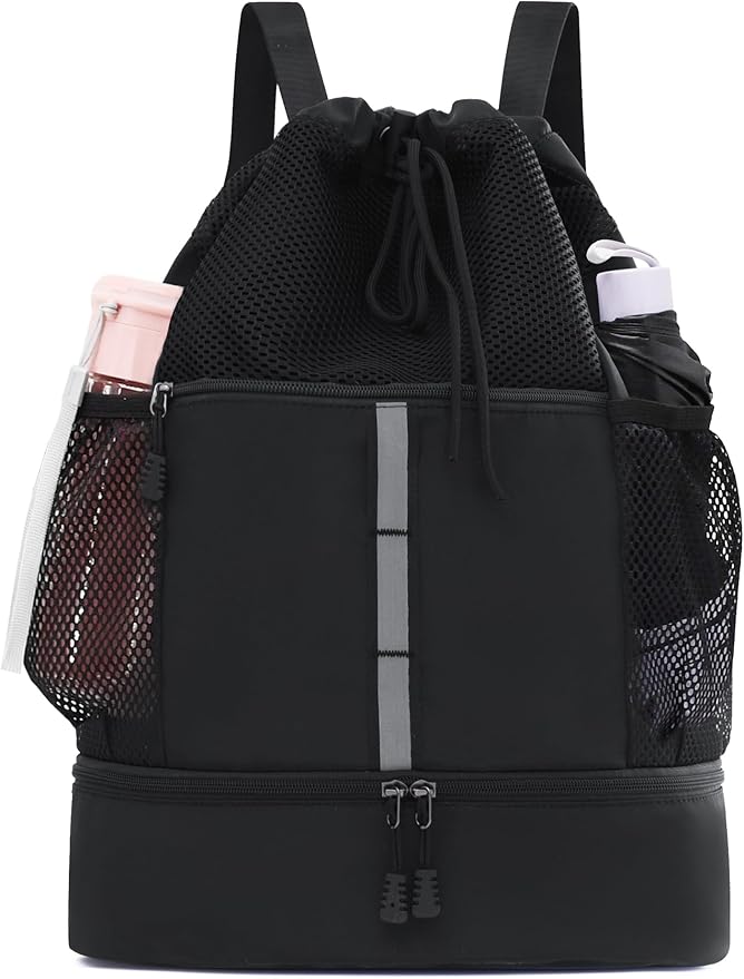 U.helper Waterproof Gym Drawstring Backpack, Sports Sack with Shoes Compartment & Wet Pockets for Ball/Beach/Swim Training