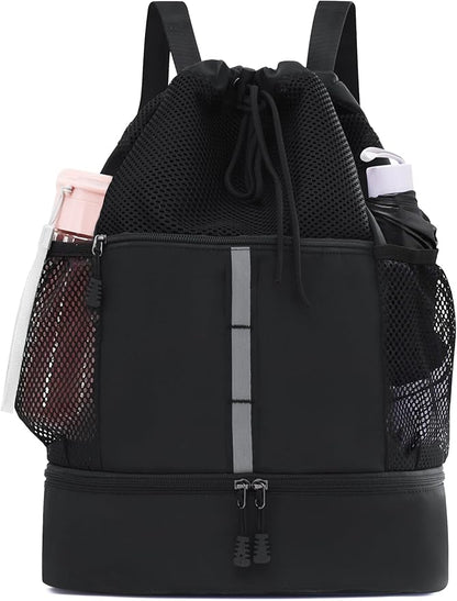 U.helper Waterproof Gym Drawstring Backpack, Sports Sack with Shoes Compartment & Wet Pockets for Ball/Beach/Swim Training