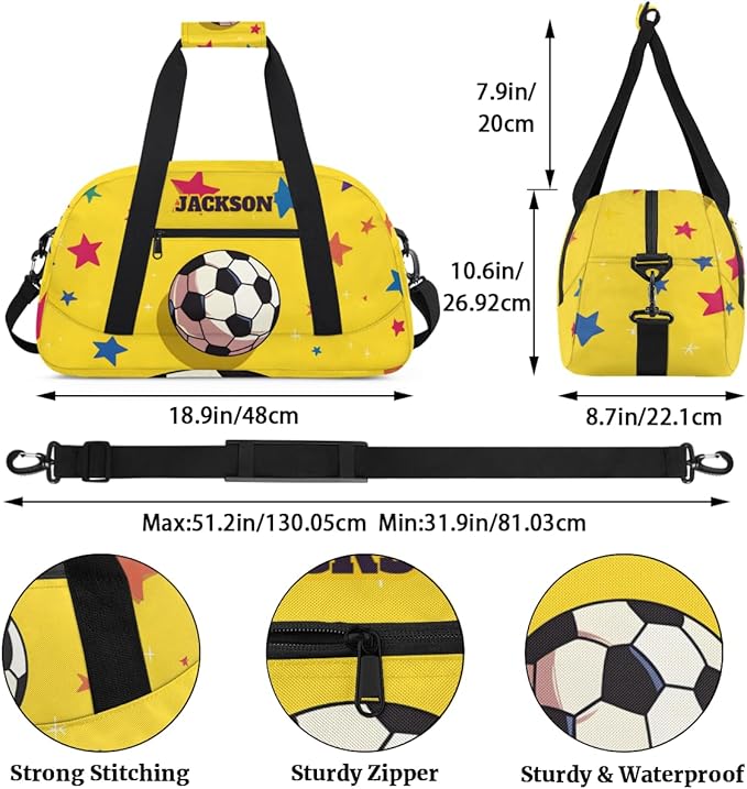 Custom Name Soccer Gym Duffel Bags for Kids Boys with Personalized Sport Training Travel Bags for Overnight Weekender, Yellow