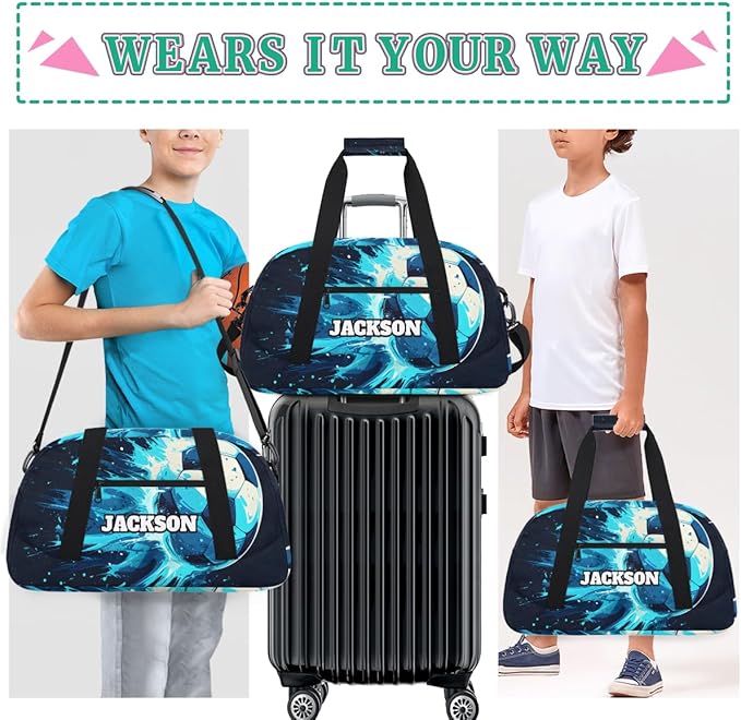 Personalized Soccer Gym Duffel Bags for Kids Boys with Custom Name Sport Training Travel Bags for Overnight Weekender, Black Cyan