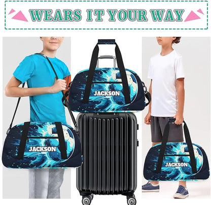 Personalized Soccer Gym Duffel Bags for Kids Boys with Custom Name Sport Training Travel Bags for Overnight Weekender, Black Cyan