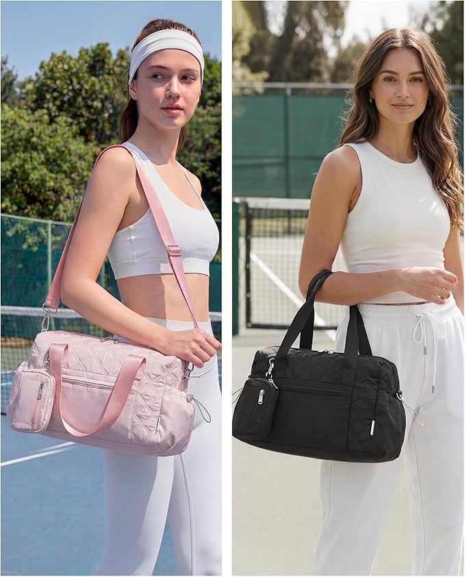 Small Gym Bag for Women, Mini Sports Duffle Bag for Workout Dance Ballet Yoga Gymnastics, Quilted Lightweight Puffer Travel Tote with Detachable Coin Purse & Wet Pocket, Pink