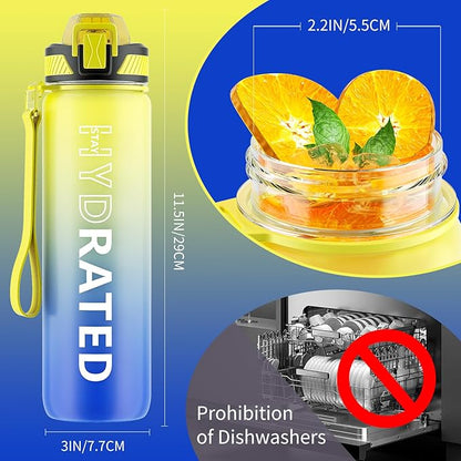 Water Bottle with Straw, 32oz Motivational Water Bottles with Time Marker to Drink, Tritan BPA Free, 1L Sports Water Bottle with Carry Strap LeakProof for Women Gym Fitness Outdoor (1 Pack)