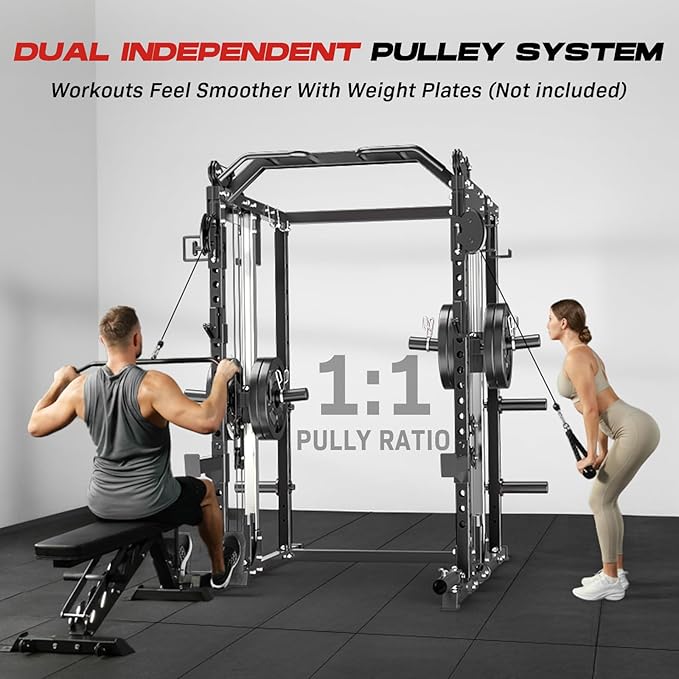Power Cage Home Gym, Dual Pulley Cable Crossover System, All-in-One Squat Power Rack with Strength Training Attachments for Full-Body Workouts