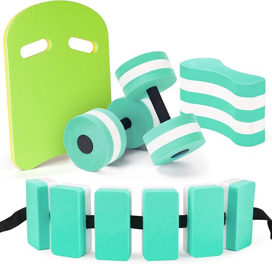 NEAGLORY 5 Pieces Water Aerobics Set, Aquatic Exercise Set Pool Fitness Equipment with Foam Dumbbell, Swim Kickboard, Pull Buoy, Aquatic Swim Belt for Water Workout
