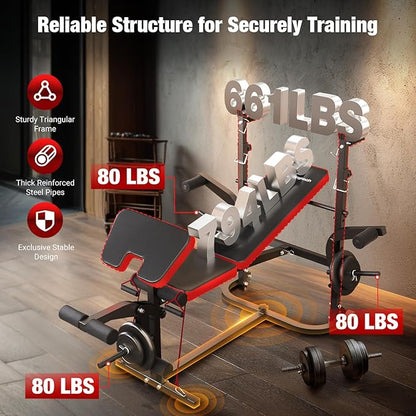 6-in-1 Foldable Weight Bench Set, 1695LBS Adjustable Workout Bench/Barbell Rack/Curl Pad, Bench Press, Leg Extension and Curl machine, Workout Fitness Equipment w/Squat Rack for Home Gym