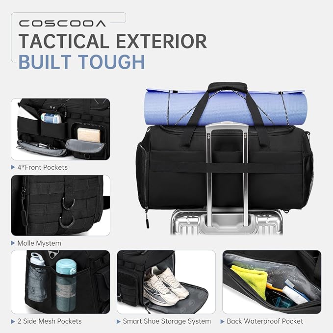 Tactical Gym Bags for Men, Carry On Luggage 22x14x9 Airline Approved, 3 in 1 Duffle Bag with Shoe Compartment,Travel Backpack Weekender Overnight Range Bag for Workout Football, Black