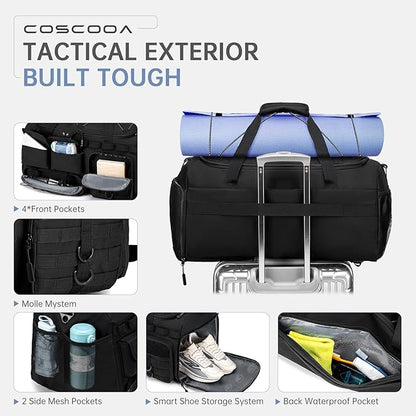 Tactical Gym Bags for Men, Carry On Luggage 22x14x9 Airline Approved, 3 in 1 Duffle Bag with Shoe Compartment,Travel Backpack Weekender Overnight Range Bag for Workout Football, Black