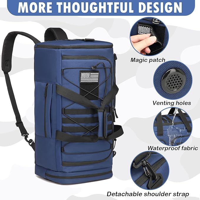 Gym Bag for Men and Women, 50L Extra Large Duffle Bag, 3-in-1 Travel Sports Duffel Bags with Shoe & Laptop Compartment for Overnight Weekender Gym Traveling Workout Deployment, Black+ Blue